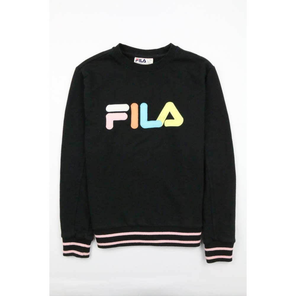 Fila Sweatshirt Womens French Terry Elastic Hem Stretch Black Rainbow Crew Neck